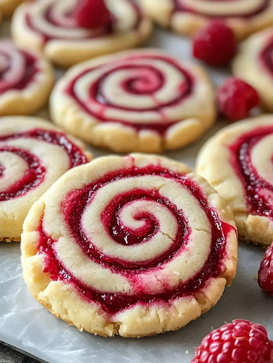 A close-up of swirled raspberry cookies arranged on a surface, with fresh raspberries scattered around.