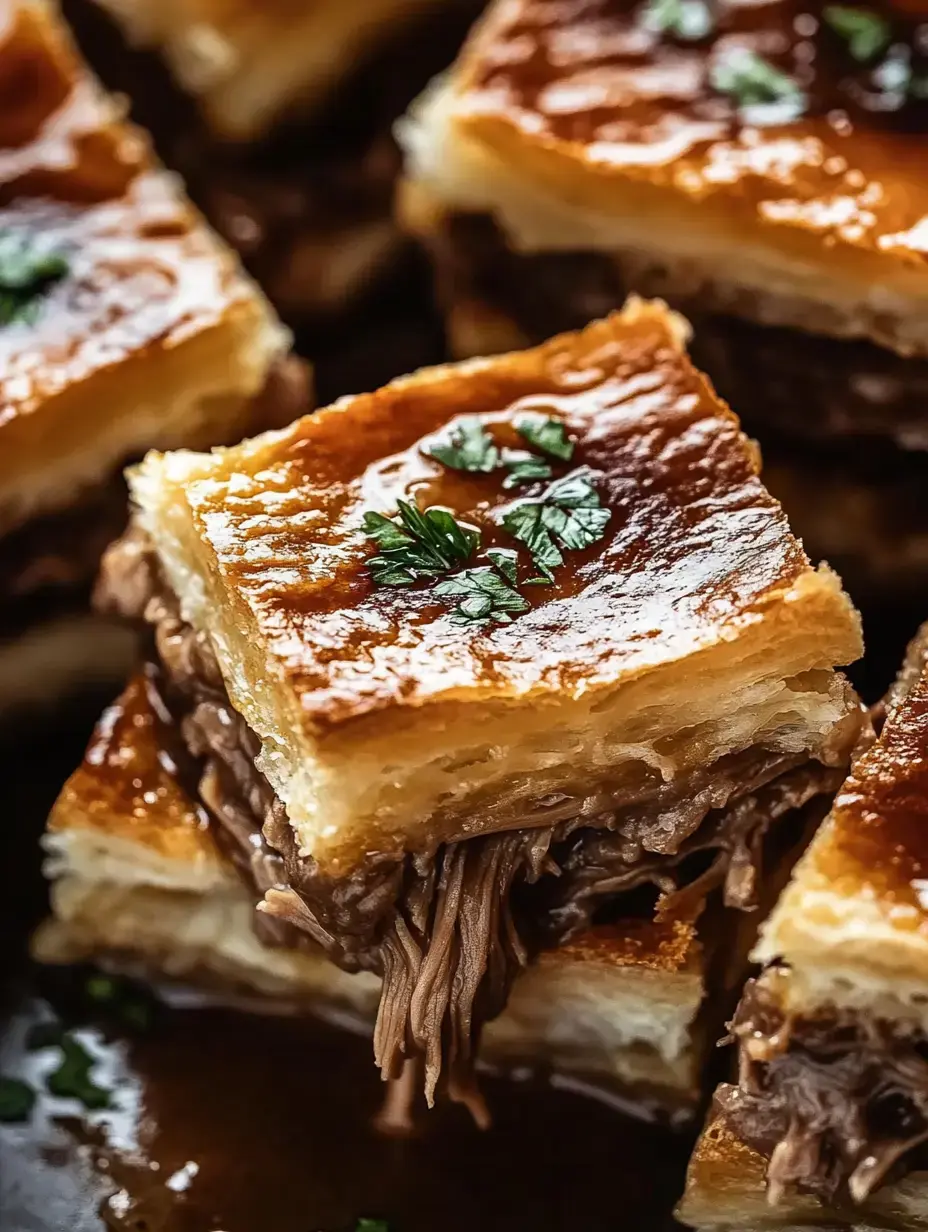 A close-up image of flaky pastry squares filled with shredded beef, garnished with chopped herbs.