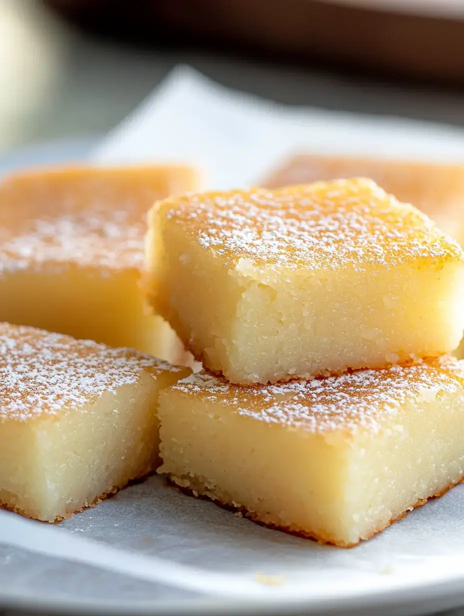 A plate of square pieces of dessert dusted with powdered sugar.