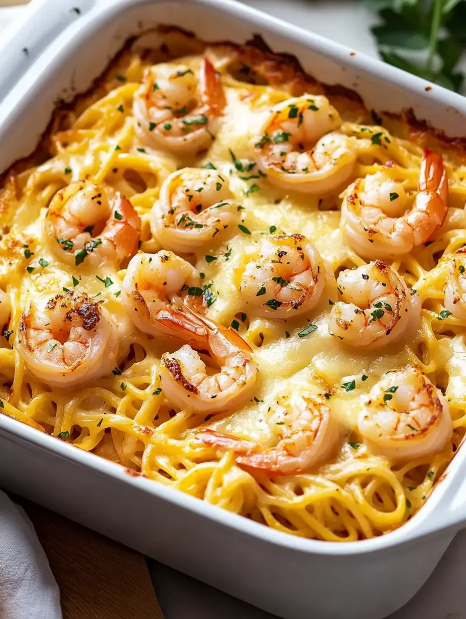 A creamy pasta bake topped with shrimp and sprinkled with parsley in a white baking dish.