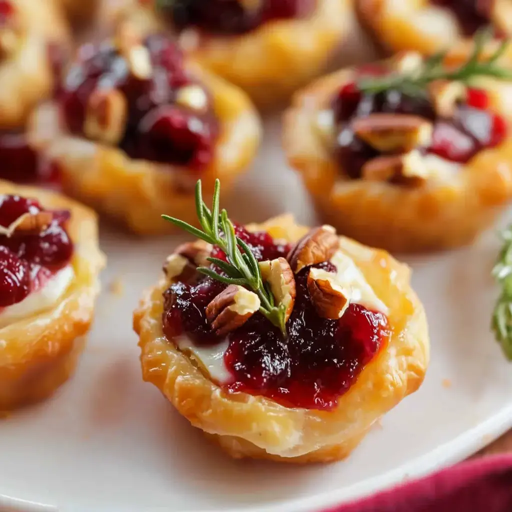 A close-up of bite-sized pastries topped with cream cheese, cranberry sauce, chopped pecans, and a sprig of rosemary.