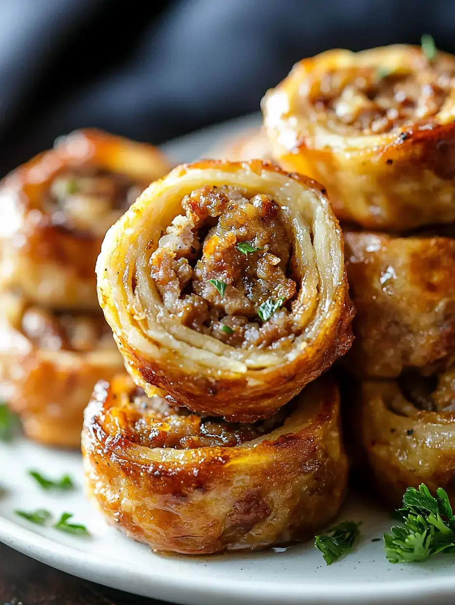 A close-up image of golden-brown meat rolls sliced to reveal a savory filling, garnished with parsley, displayed on a white plate.