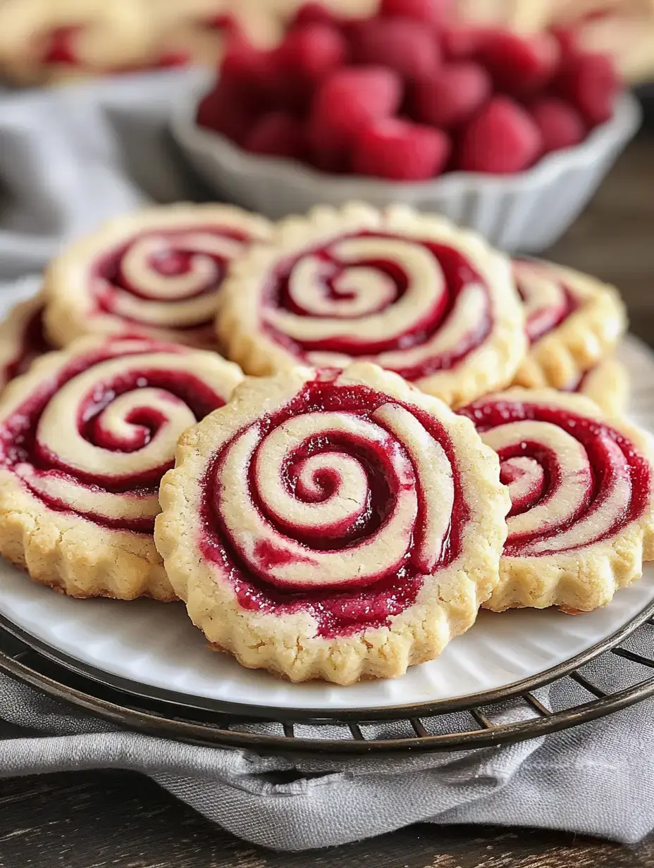 A plate of spiral-shaped raspberry-filled cookies is displayed, with a bowl of fresh raspberries in the background.