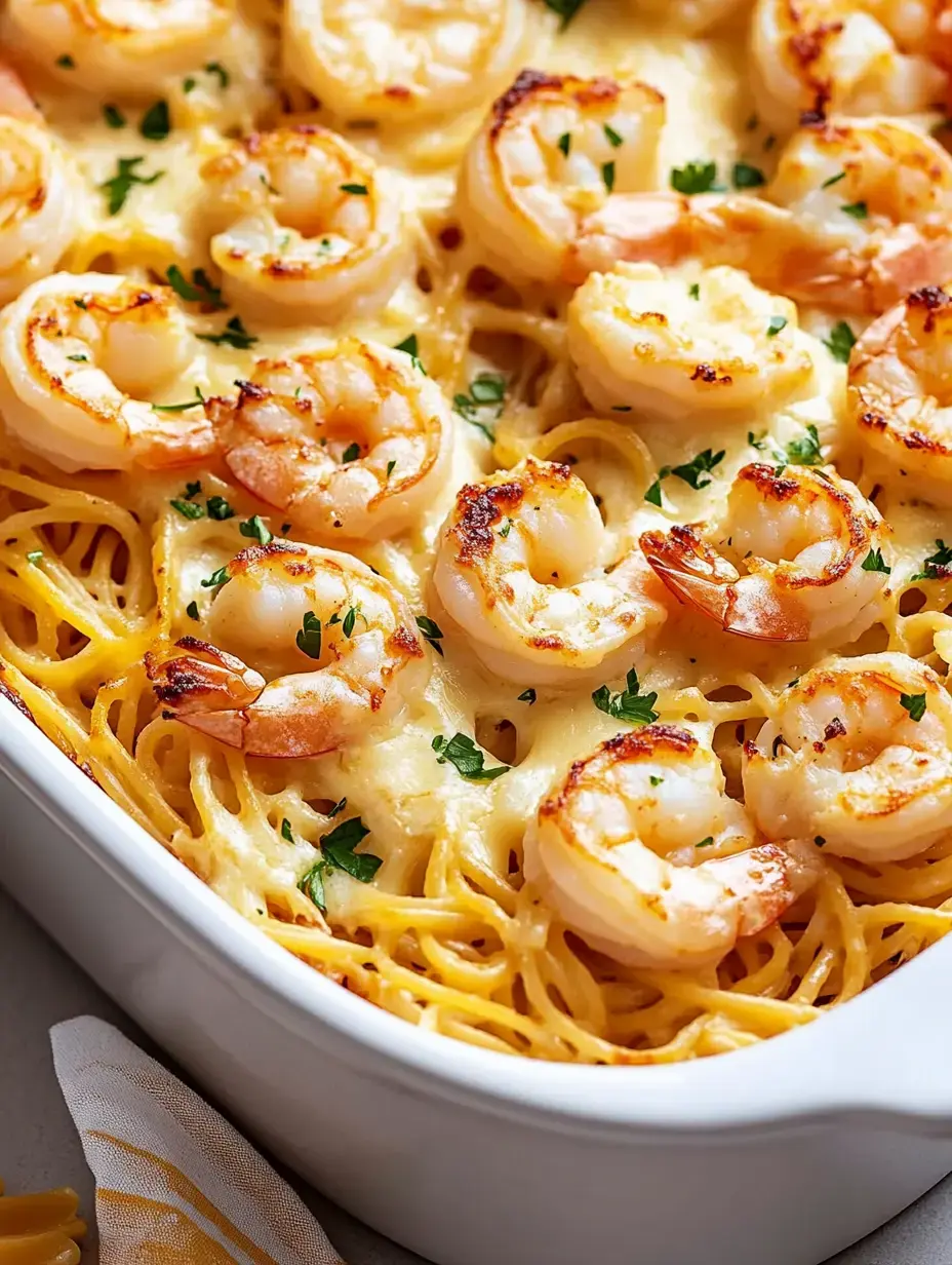 A close-up of a baked shrimp pasta dish topped with golden-brown shrimp and garnished with parsley.