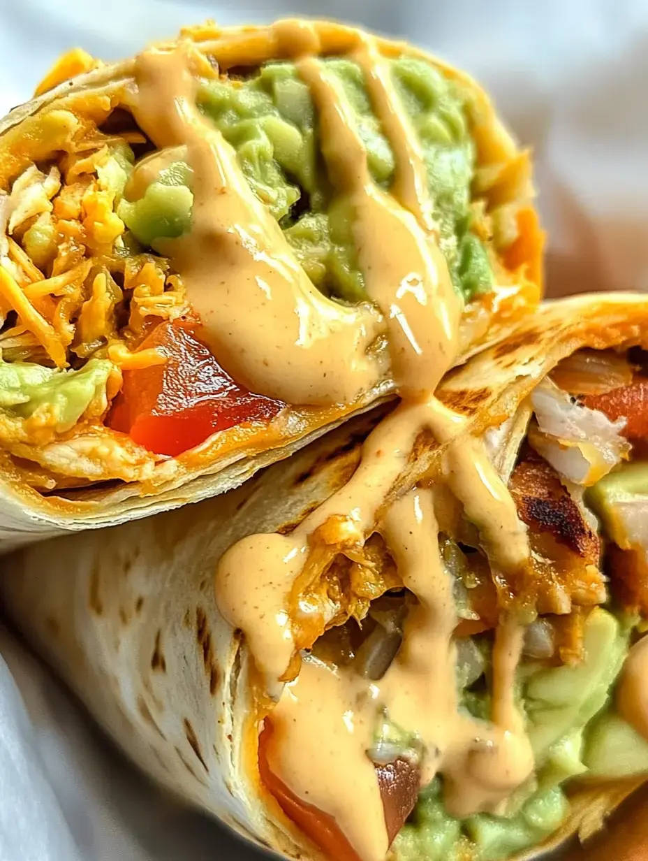 A close-up of two burritos showcasing shredded chicken, cheese, tomatoes, guacamole, and a creamy sauce drizzled on top.