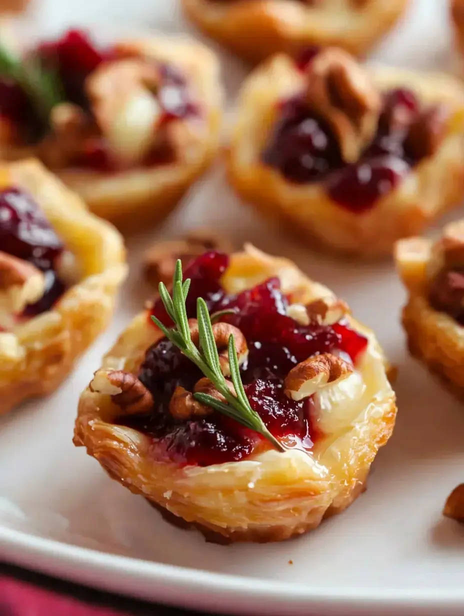 A close-up of a pastry filled with cream cheese, cranberry sauce, and topped with pecans and a sprig of rosemary, served on a white plate.