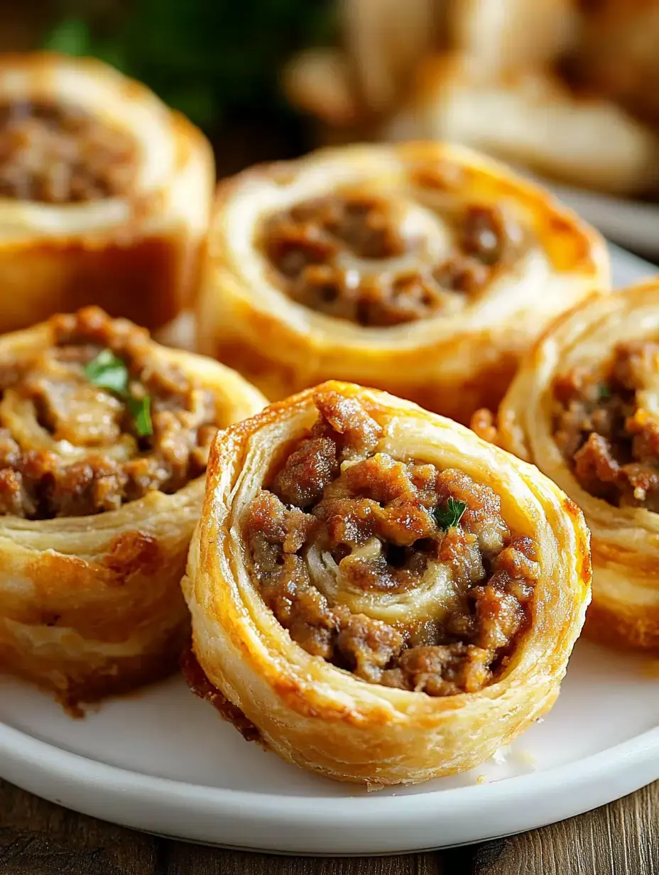 A close-up image of flaky pastry rolls filled with seasoned ground meat on a plate.