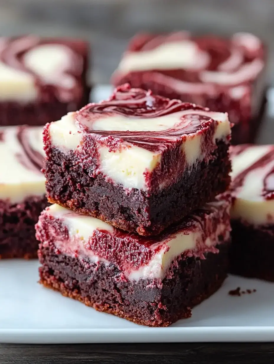 A stack of rich red velvet brownies with a cream cheese swirl on top, placed on a white plate.