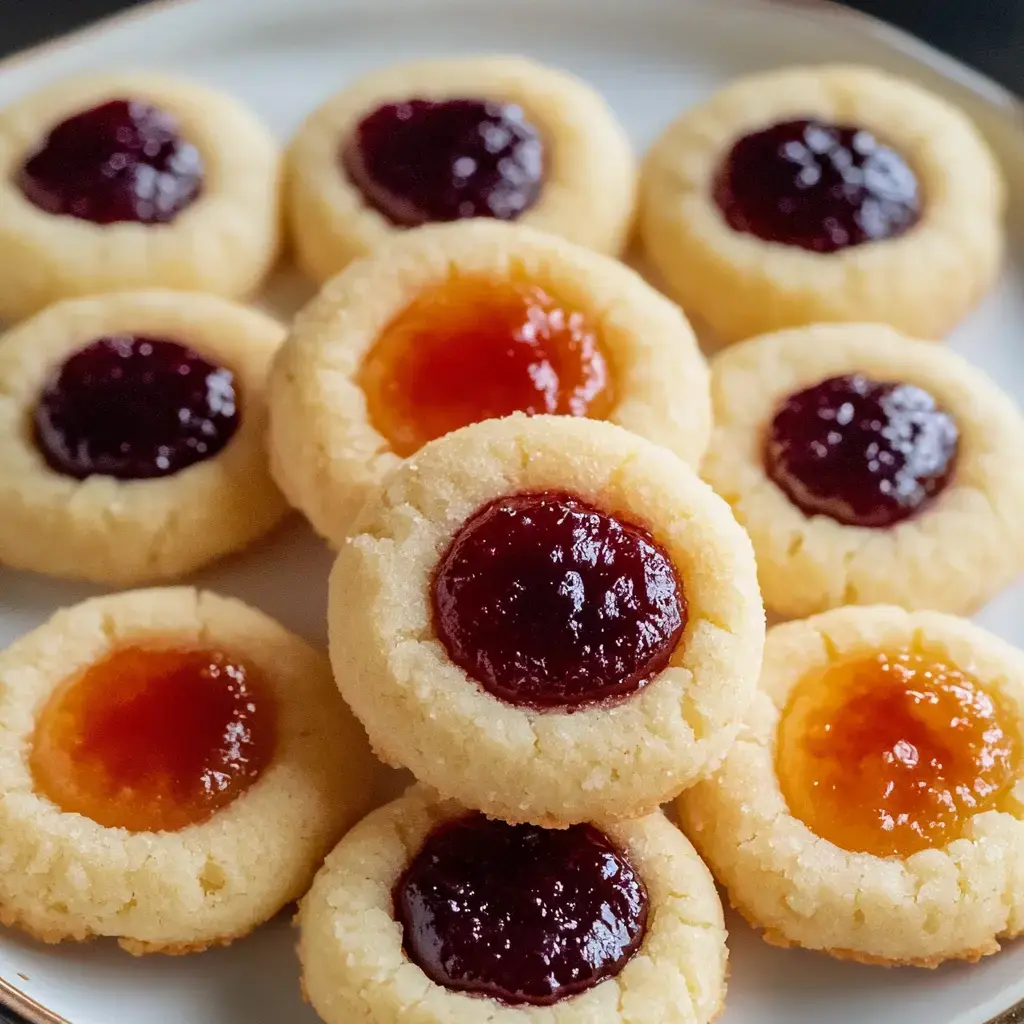 A plate of buttery cookies with fruit jam centers, featuring both red and orange jams.