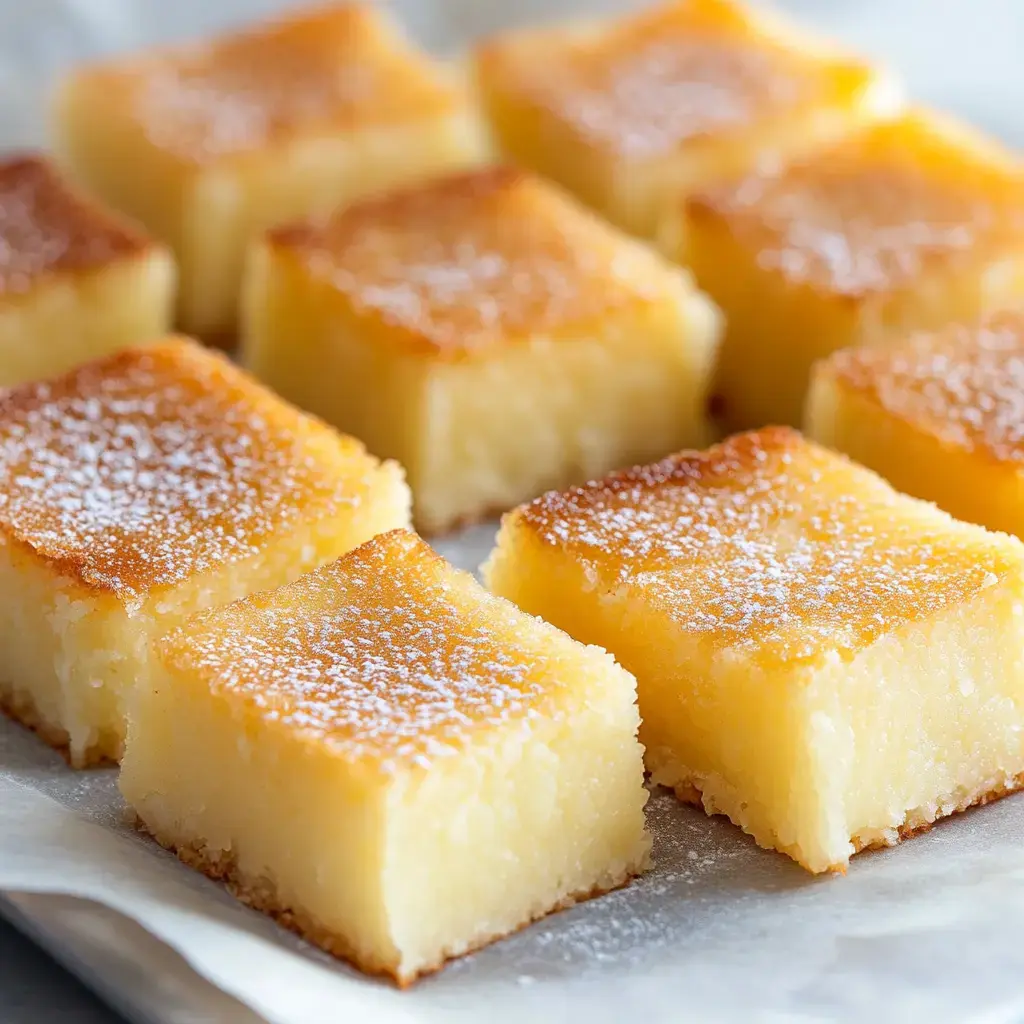 A close-up image of square pieces of golden-brown cake dusted with powdered sugar on parchment paper.