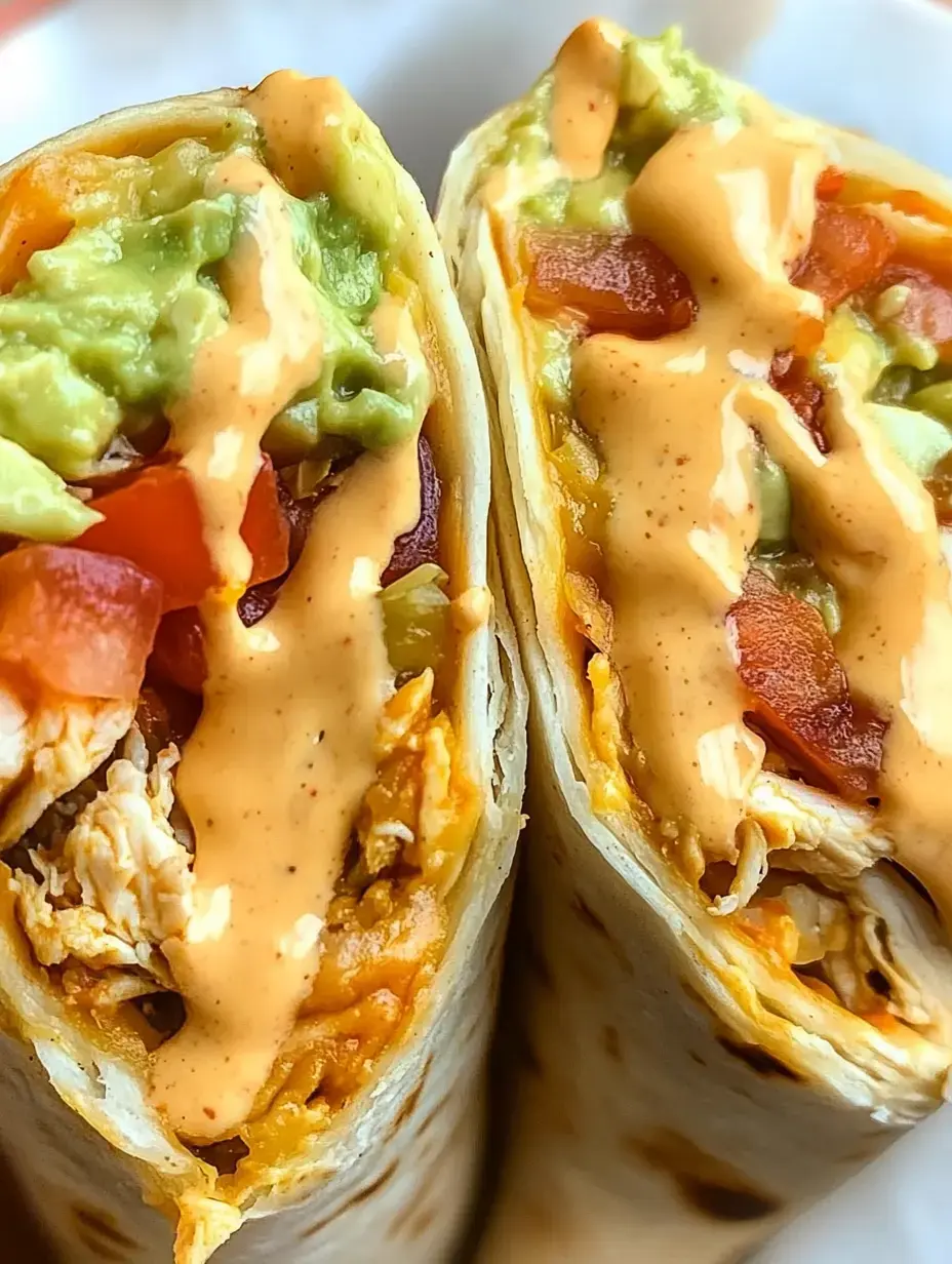 Two halves of a chicken burrito filled with guacamole, diced tomatoes, and drizzled with a creamy sauce.