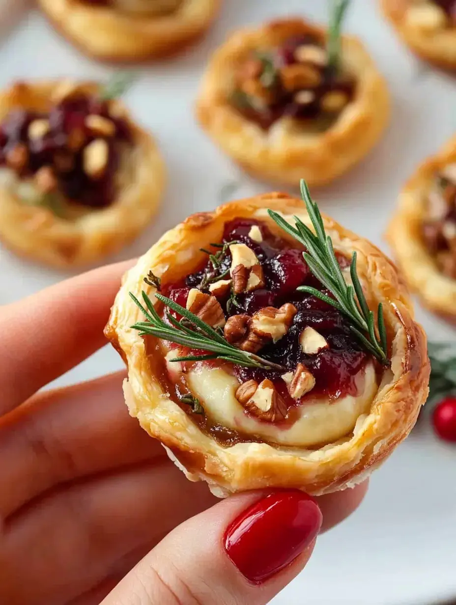 A hand holding a small pastry filled with cranberries, nuts, and a sprig of rosemary, with more similar pastries in the background.