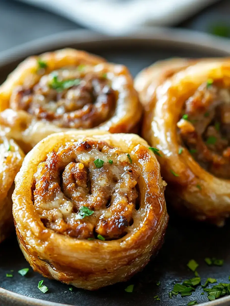 A close-up view of golden-brown pastry rolls filled with savory meat and garnished with green herbs on a black plate.