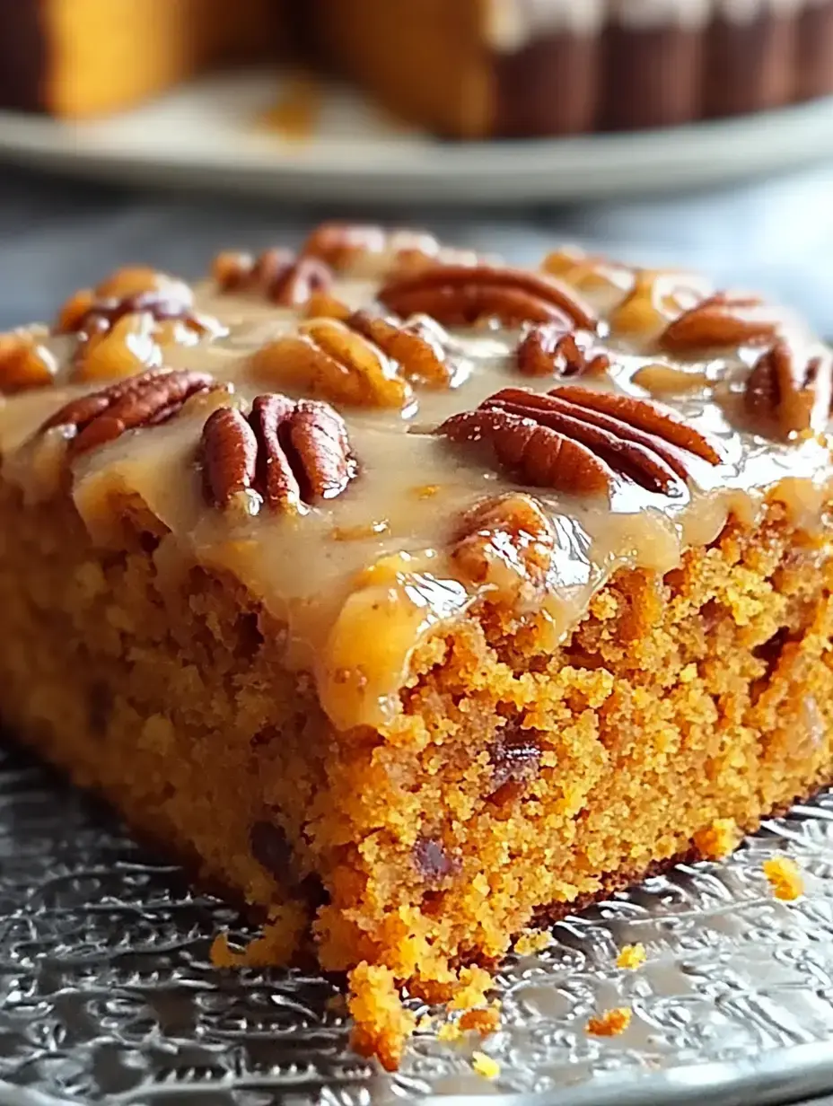 A close-up of a slice of moist cake topped with a glossy pecan frosting and garnished with whole pecans.