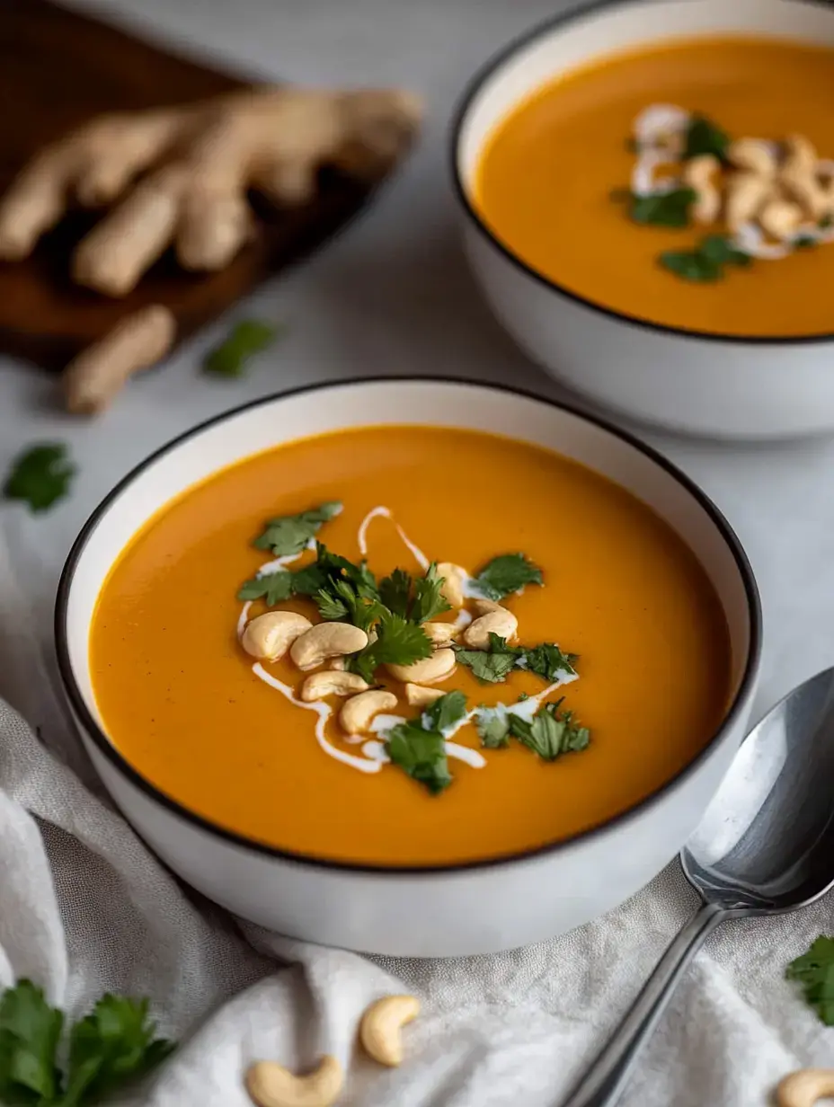 Two bowls of vibrant orange soup topped with cashews, fresh cilantro, and a swirl of cream, placed on a light fabric background with ginger root in the background.