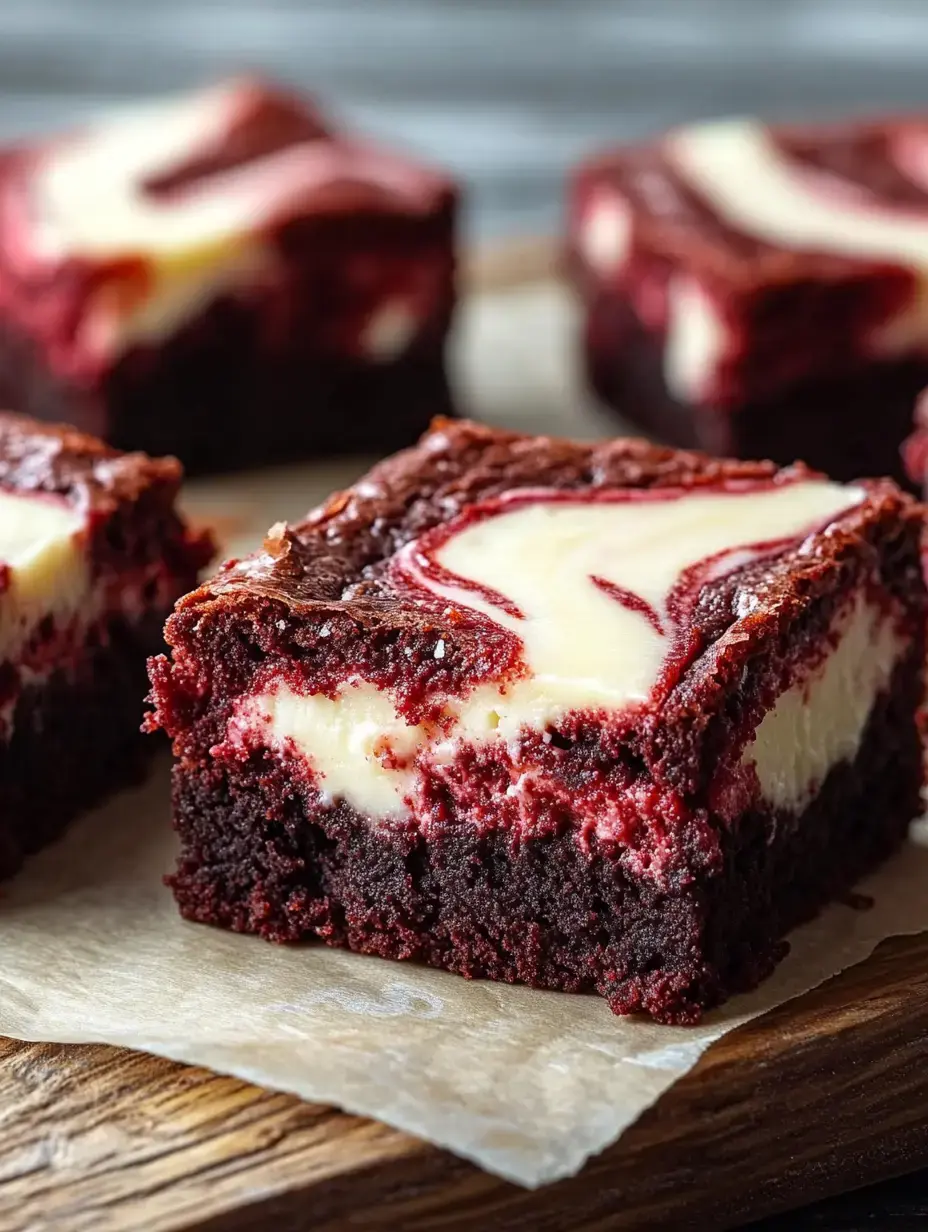 A close-up of a rich red velvet brownie with a cream cheese swirl, displayed on a wooden board.