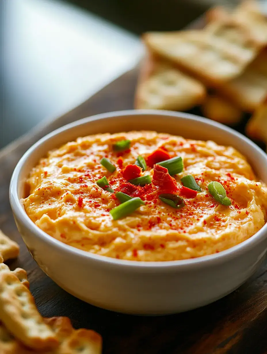 A creamy dip topped with green onions and paprika is served in a white bowl, accompanied by crackers on a wooden platter.