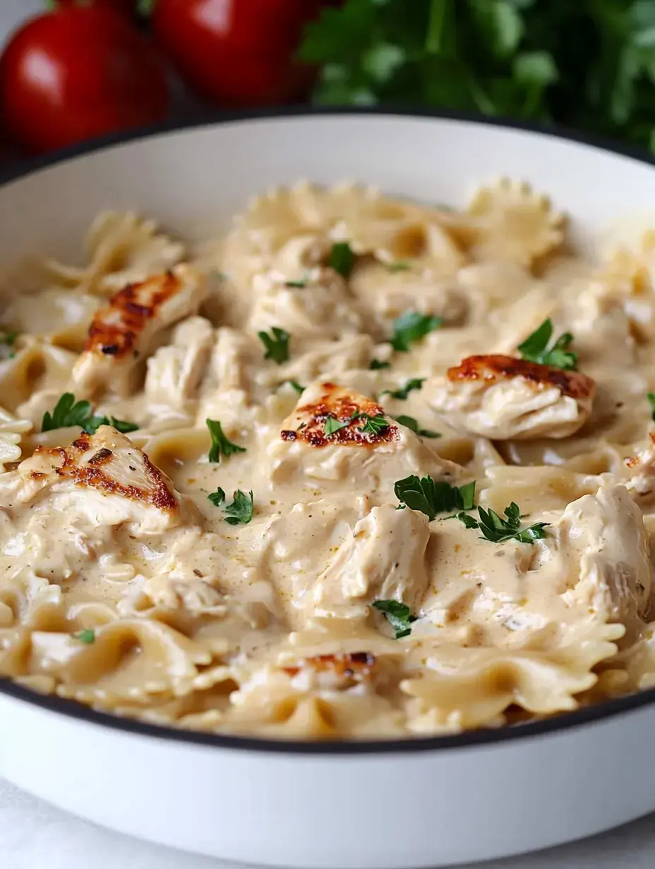 A creamy pasta dish with bowtie pasta, grilled chicken pieces, and garnished with fresh parsley.