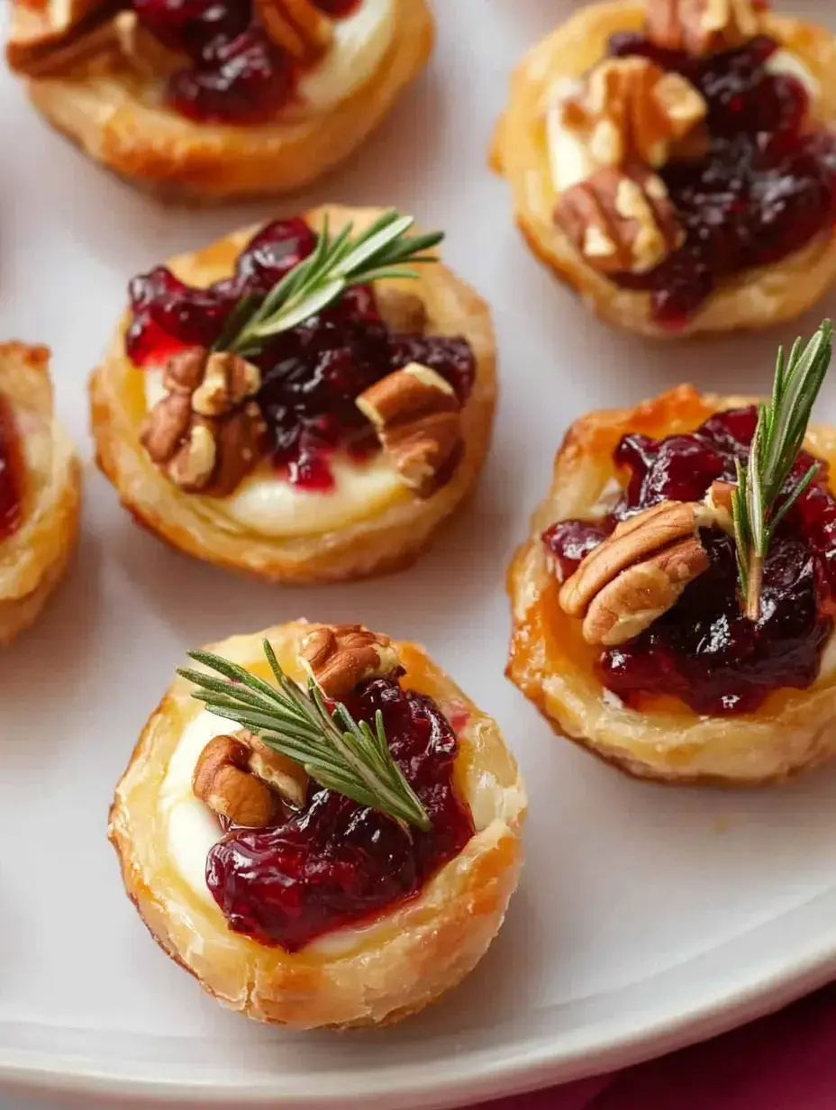 A plate of golden pastry cups filled with cream cheese, topped with cranberry sauce, pecans, and a sprig of rosemary.