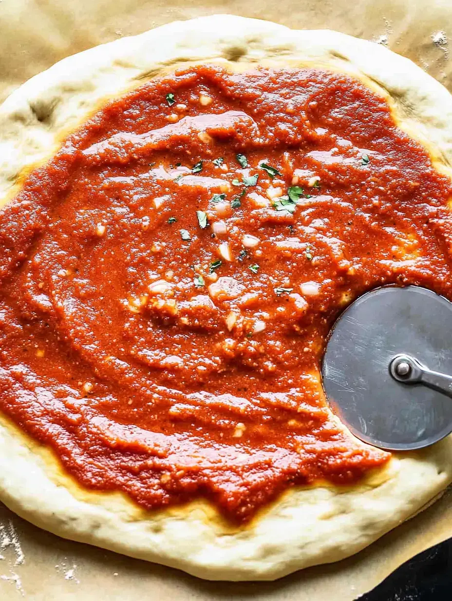 A pizza dough topped with tomato sauce and sprinkled with herbs, next to a pizza cutter.