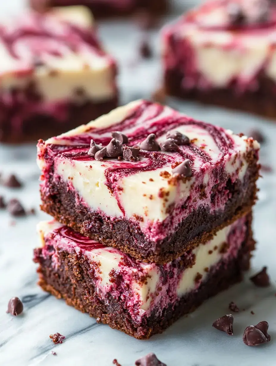 A close-up photo of two stacked brownie slices with a creamy raspberry swirl and chocolate chips.