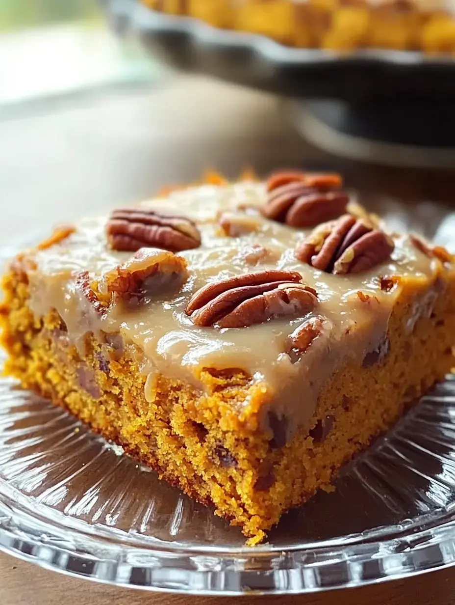 A close-up view of a slice of pumpkin cake topped with caramel icing and pecans, sitting on a decorative plate.