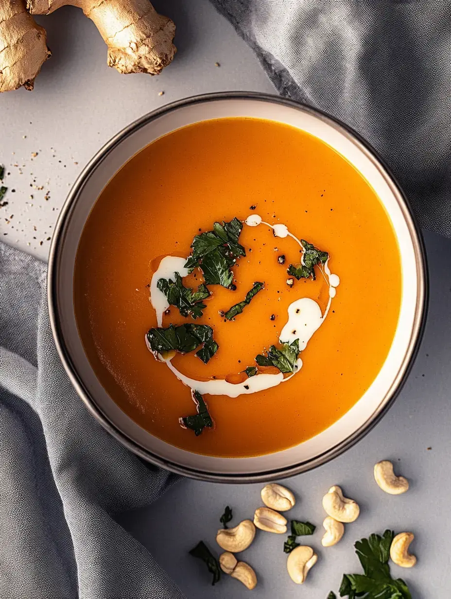 A bowl of orange soup garnished with herbs and a swirl of cream, surrounded by cashews and fresh ginger on a gray surface.