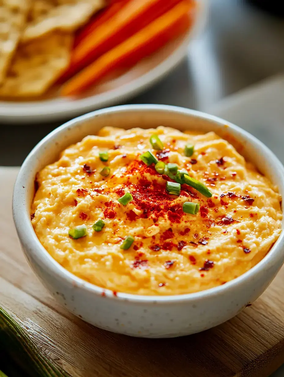 A bowl of creamy dip topped with green onions and paprika, surrounded by vegetable sticks and crackers on a wooden board.