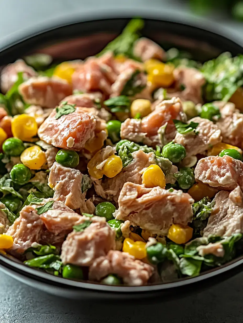 A close-up of a bowl filled with a mixed salad featuring chunks of salmon, green peas, corn, and leafy greens.