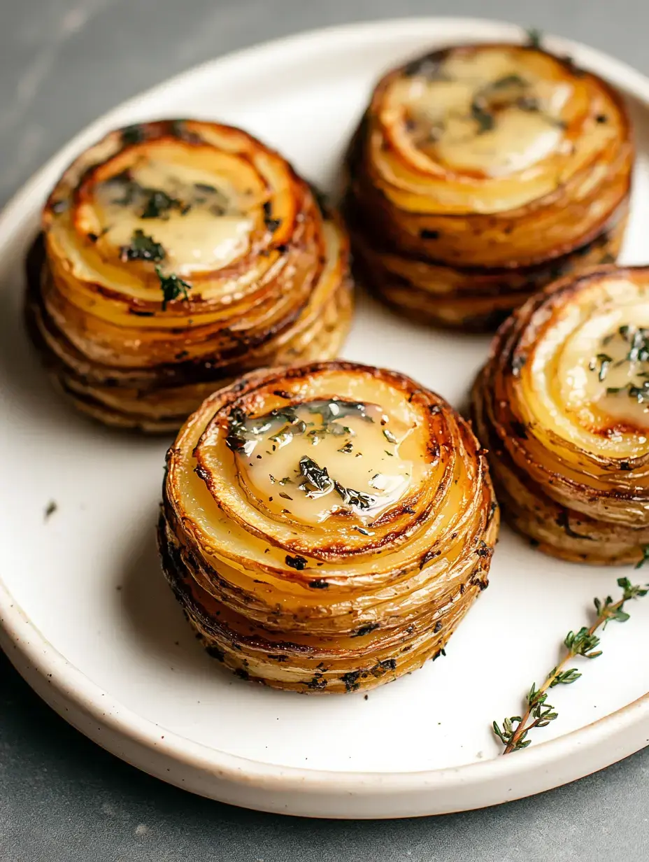 A plate of intricately layered and caramelized potato rounds topped with melted butter and garnished with fresh thyme.