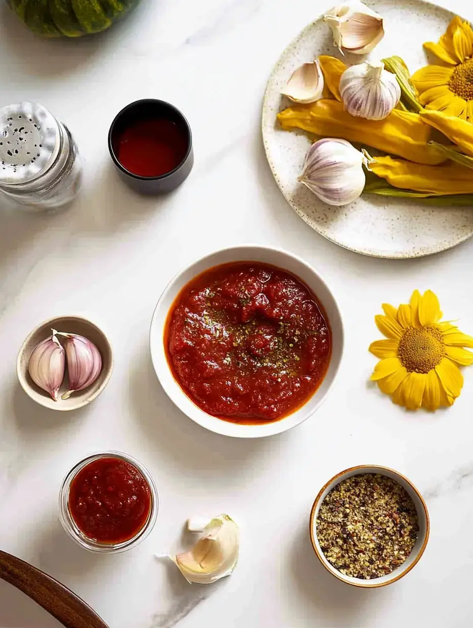 The image features a bowl of tomato sauce surrounded by garlic, spices, a small glass of sauce, and yellow flowers on a marble surface.