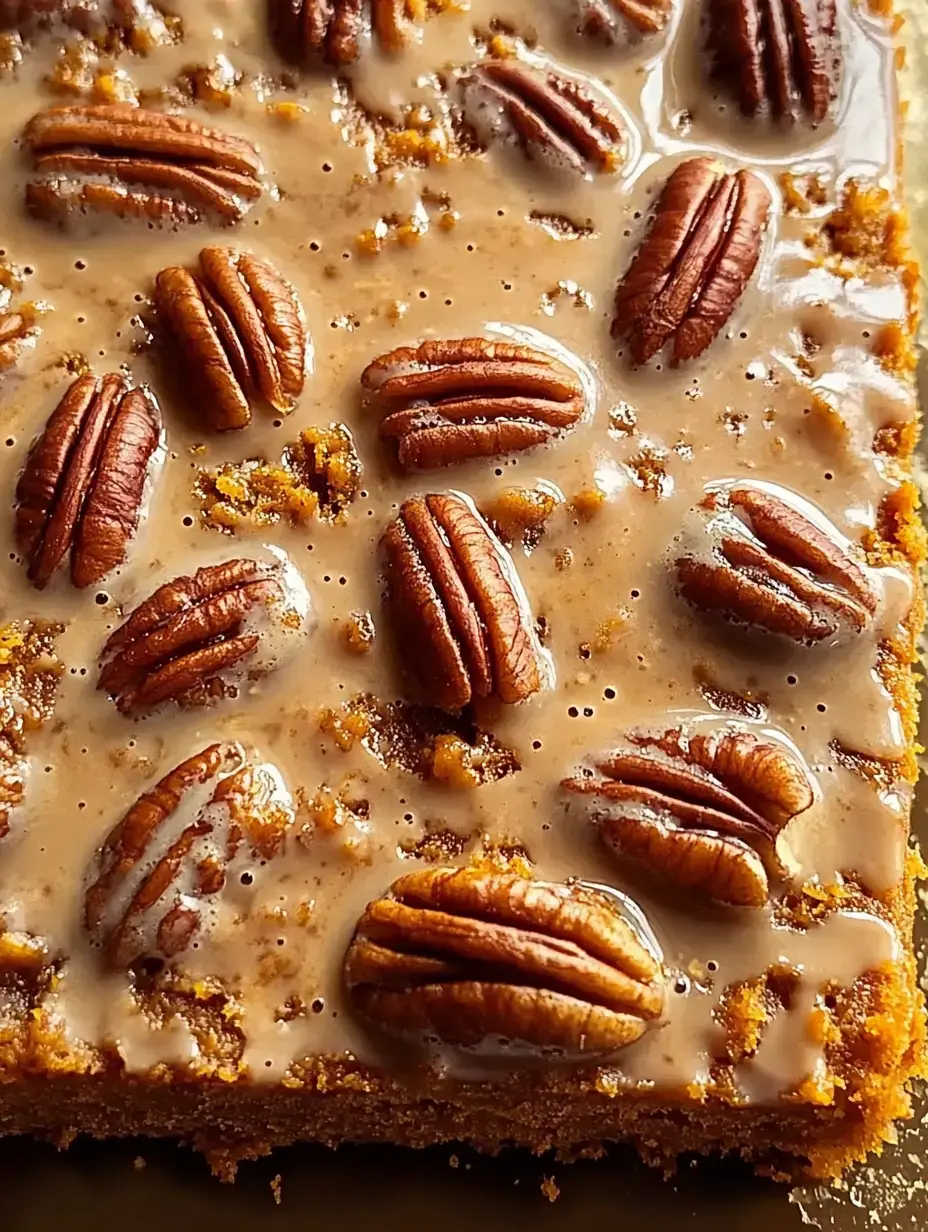 A close-up of a pecan dessert topped with a glossy caramel glaze and whole pecans.