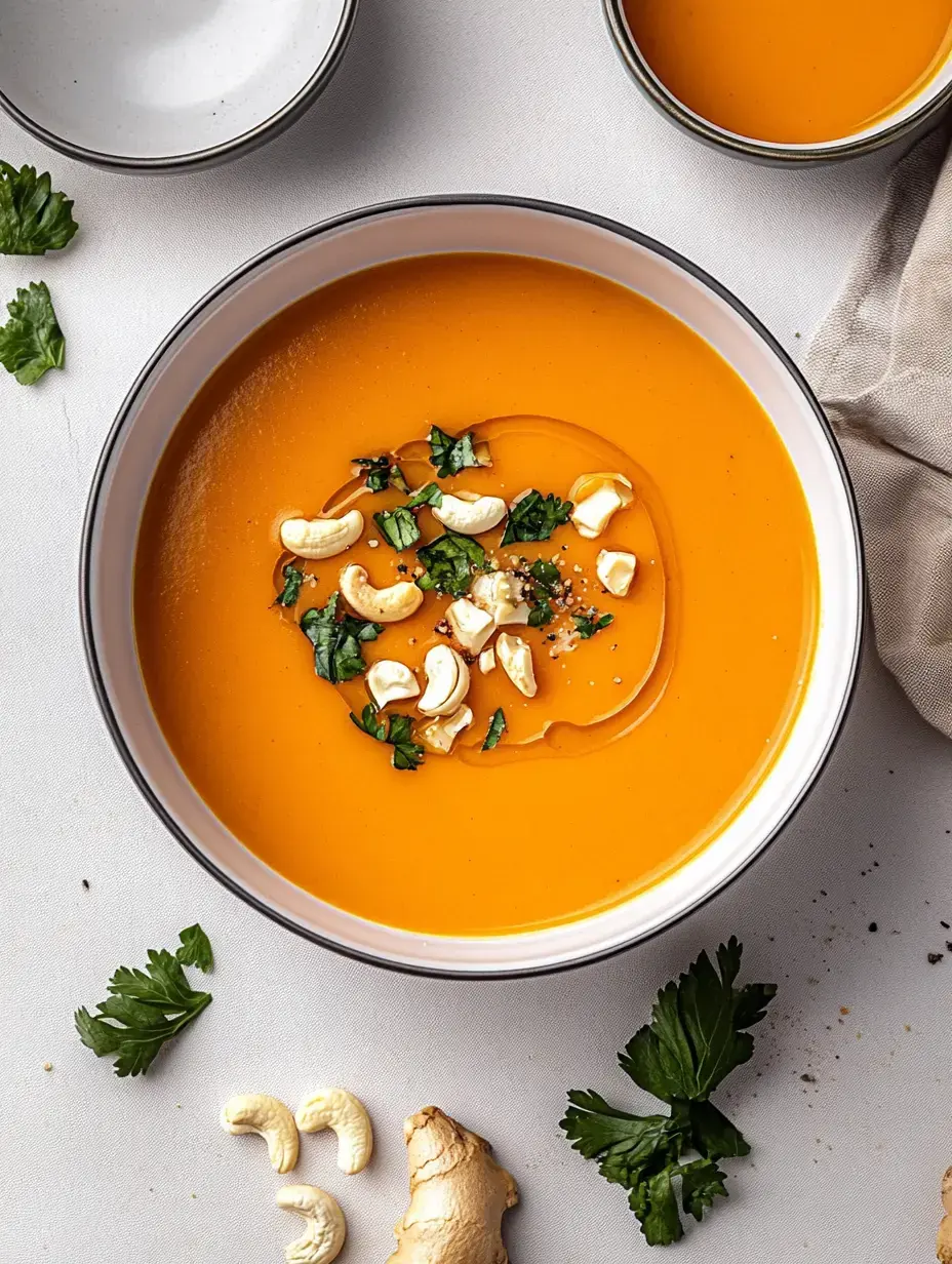 A bowl of vibrant orange soup topped with cashews, fresh herbs, and a drizzle of oil, surrounded by ginger and garnishes on a light surface.