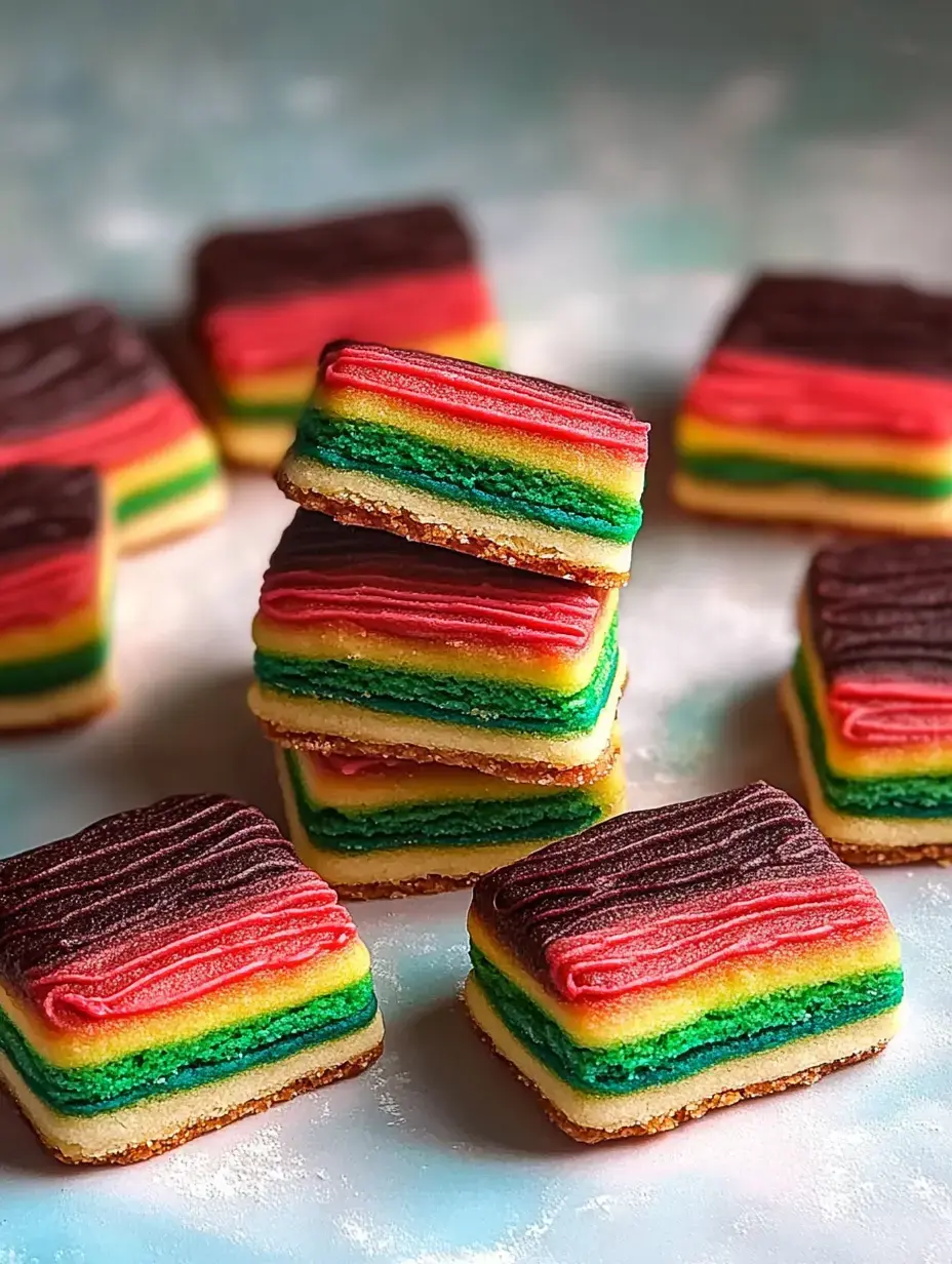 A stack of colorful layered cookies featuring vibrant red, green, yellow, and chocolate frosting on top.