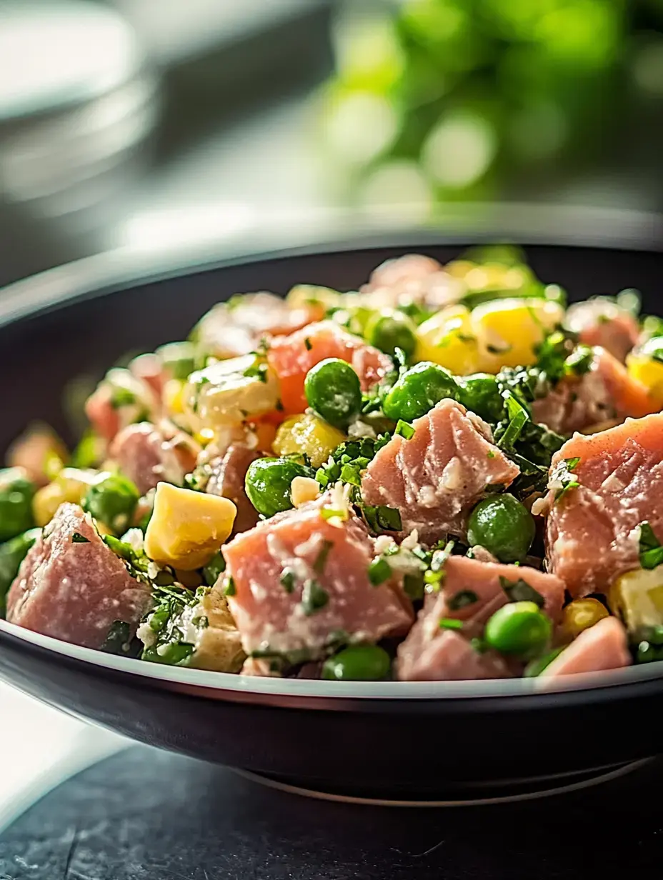 A close-up of a colorful salad featuring diced ham, peas, corn, and herbs in a black bowl.