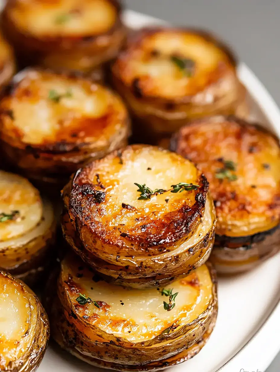 A plate of golden-brown, crispy potato rounds garnished with herbs.