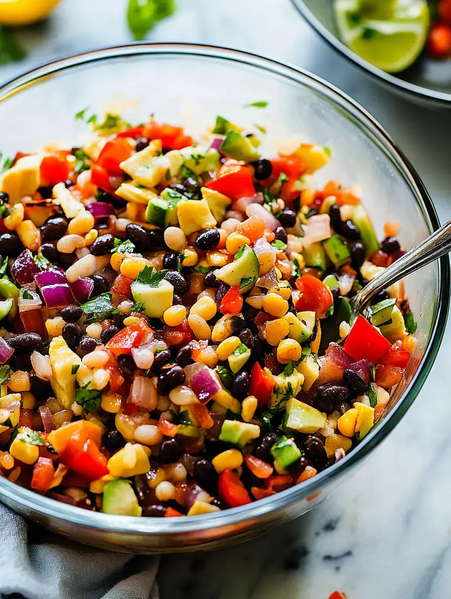 A colorful salad mixture featuring black beans, corn, diced vegetables, and herbs in a glass bowl.