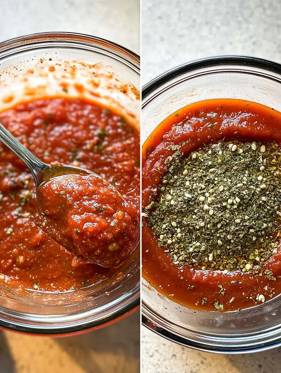 A glass bowl contains a red tomato sauce with a spoon and a layer of dried herbs and spices on top.