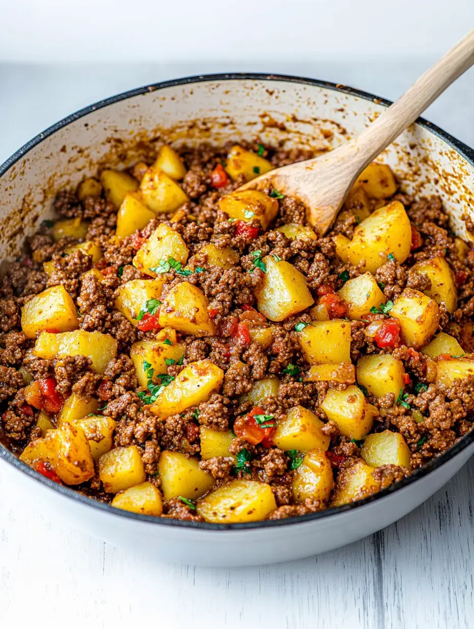 A simmering pot of seasoned ground meat and diced potatoes mixed with colorful bell peppers and garnished with fresh herbs.