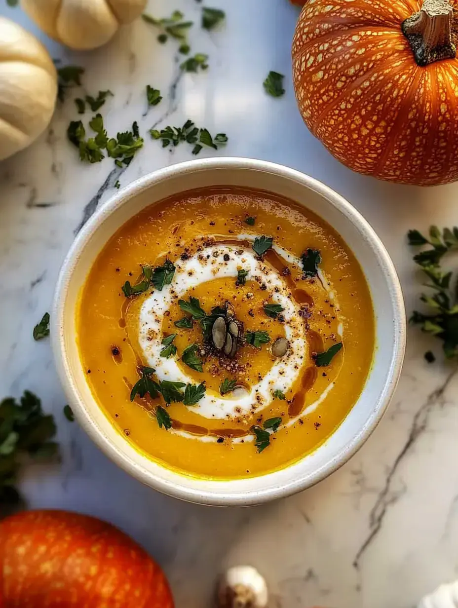 A bowl of creamy pumpkin soup topped with a swirl of cream, pumpkin seeds, and herbs, surrounded by decorative mini pumpkins and greenery on a marble surface.