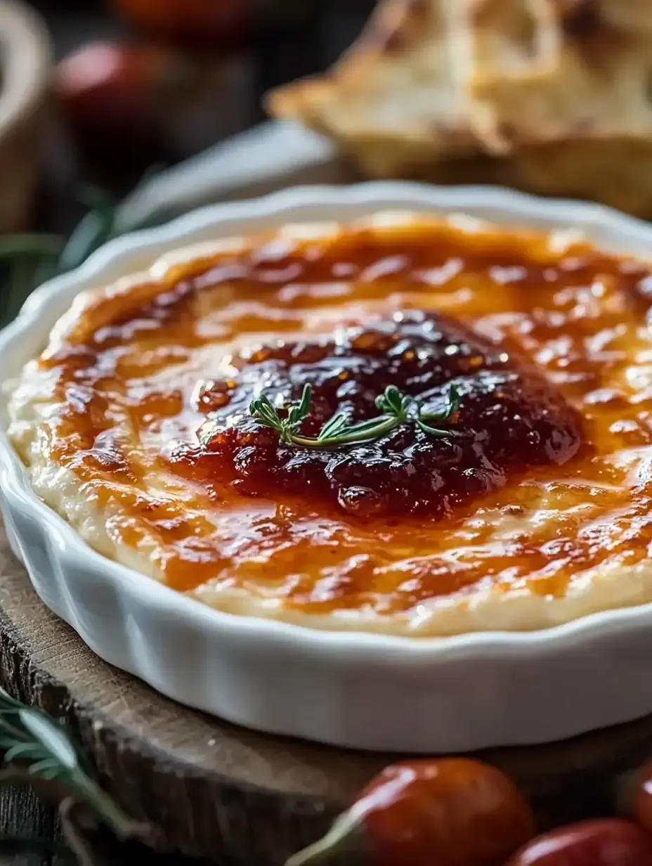 A close-up of a creamy dish topped with a glossy red sauce and a sprig of thyme, served in a white ramekin alongside some toasted bread and cherry tomatoes.