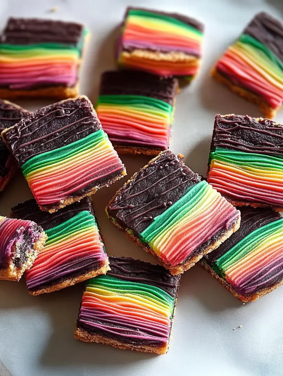 A platter of colorful layered dessert squares featuring vibrant bands of pink, green, yellow, and purple icing, topped with dark chocolate.