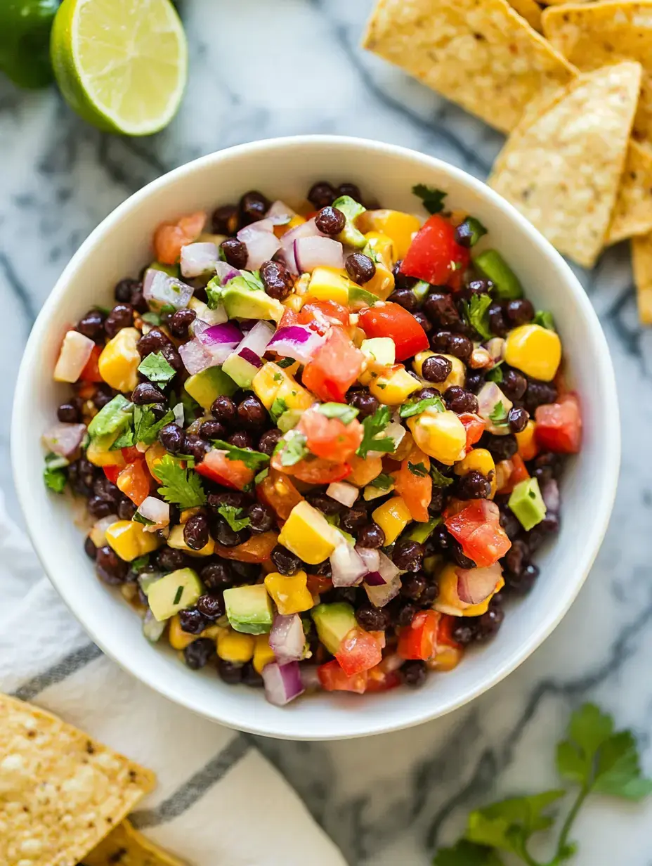 A colorful black bean salad with diced tomatoes, mango, avocado, red onion, and cilantro, served in a white bowl alongside tortilla chips.