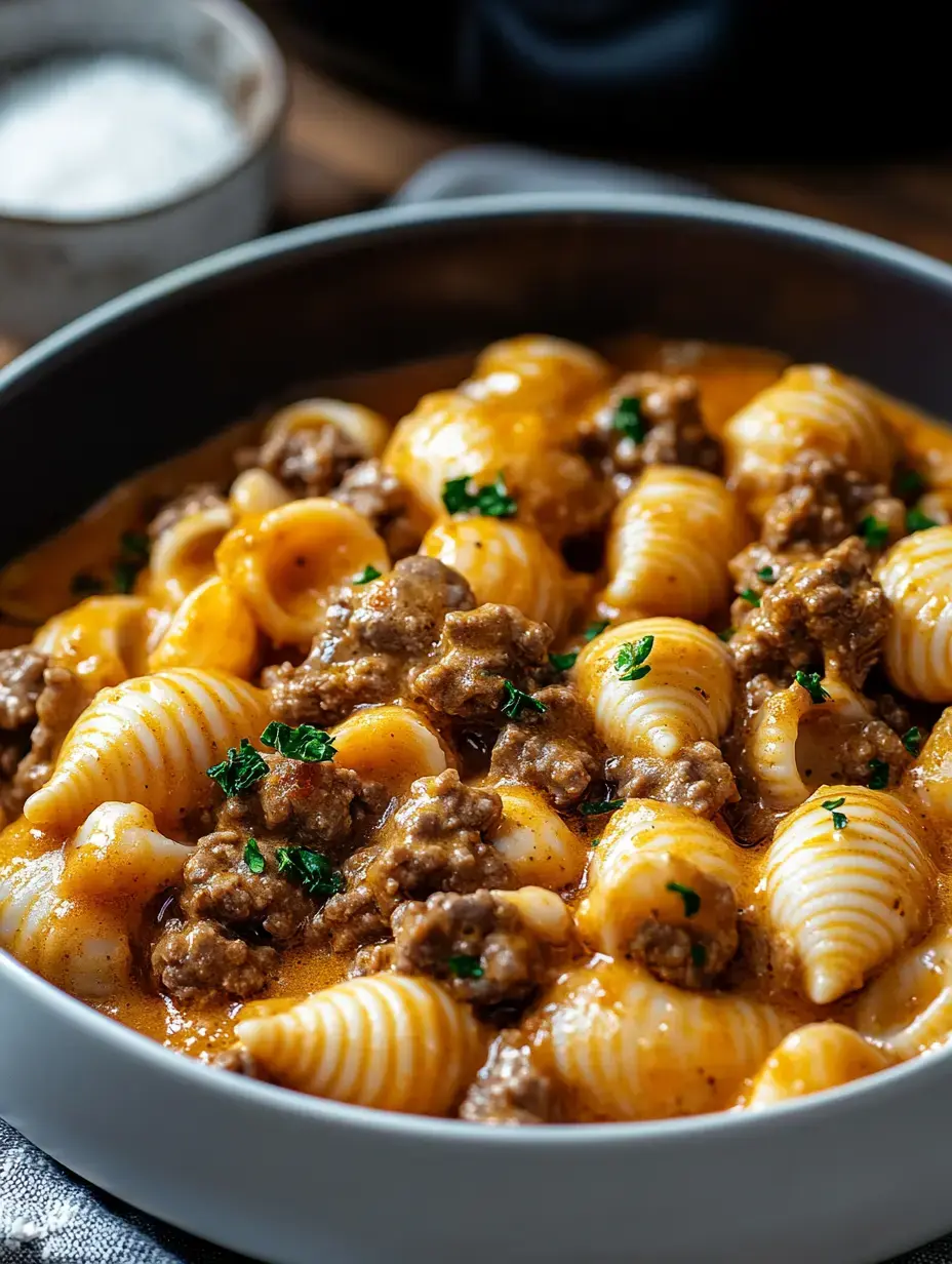 A close-up of pasta shells with ground beef in a creamy sauce, garnished with chopped parsley, served in a white bowl.