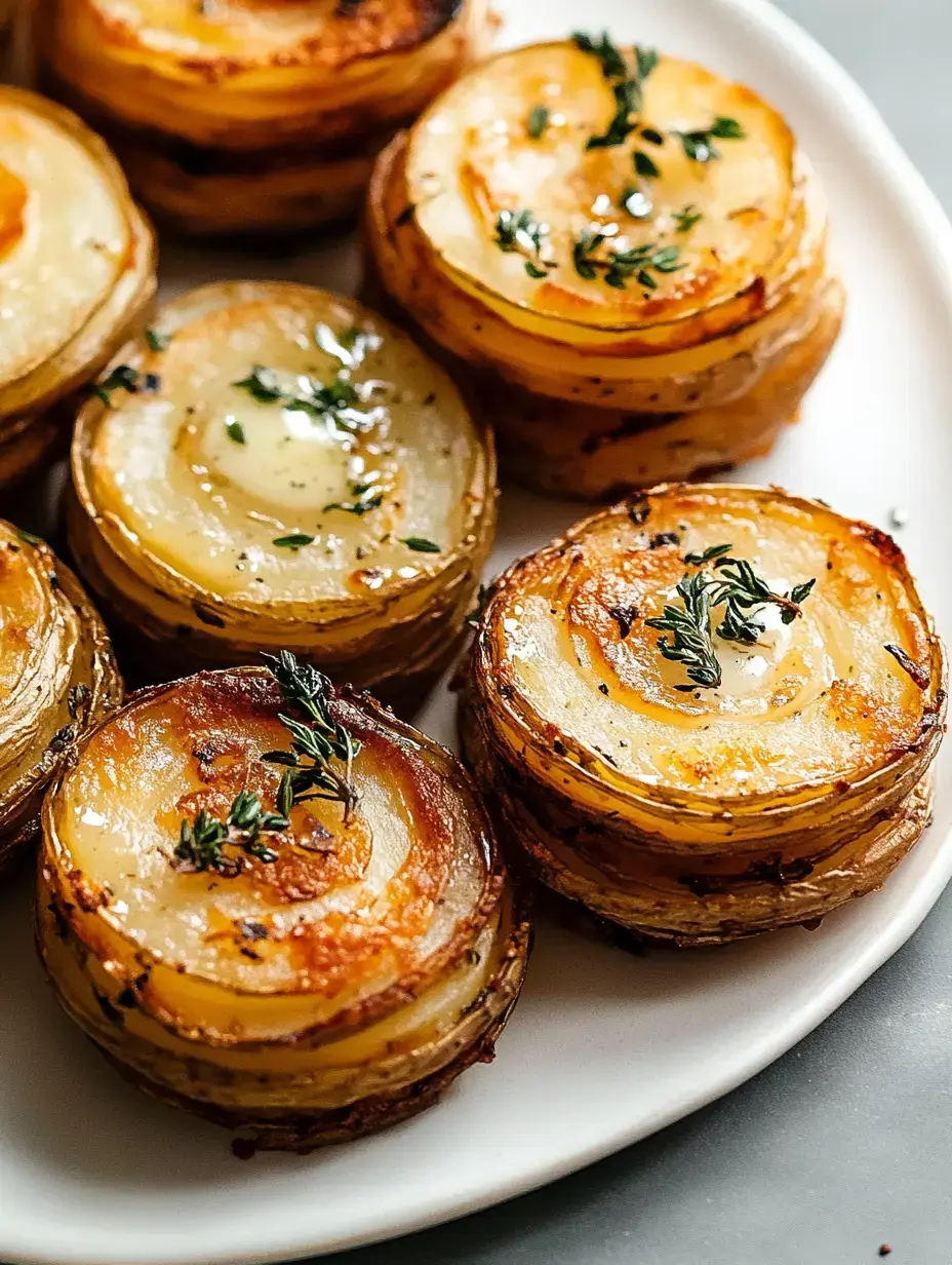 A plate of golden-brown, layered potato rounds garnished with fresh thyme.