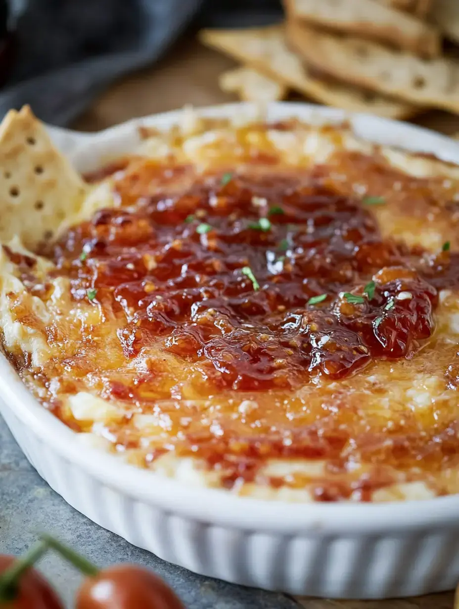 A close-up of a creamy dip topped with a layer of reddish-brown jam in a white dish, accompanied by crispy bread for dipping.