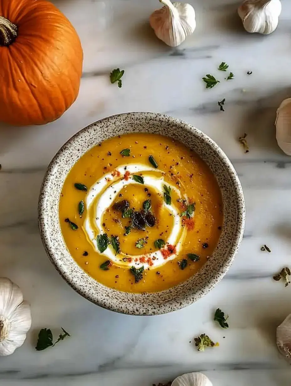 A bowl of creamy pumpkin soup garnished with sour cream, fresh herbs, and spices, surrounded by garlic and a small pumpkin on a marble surface.