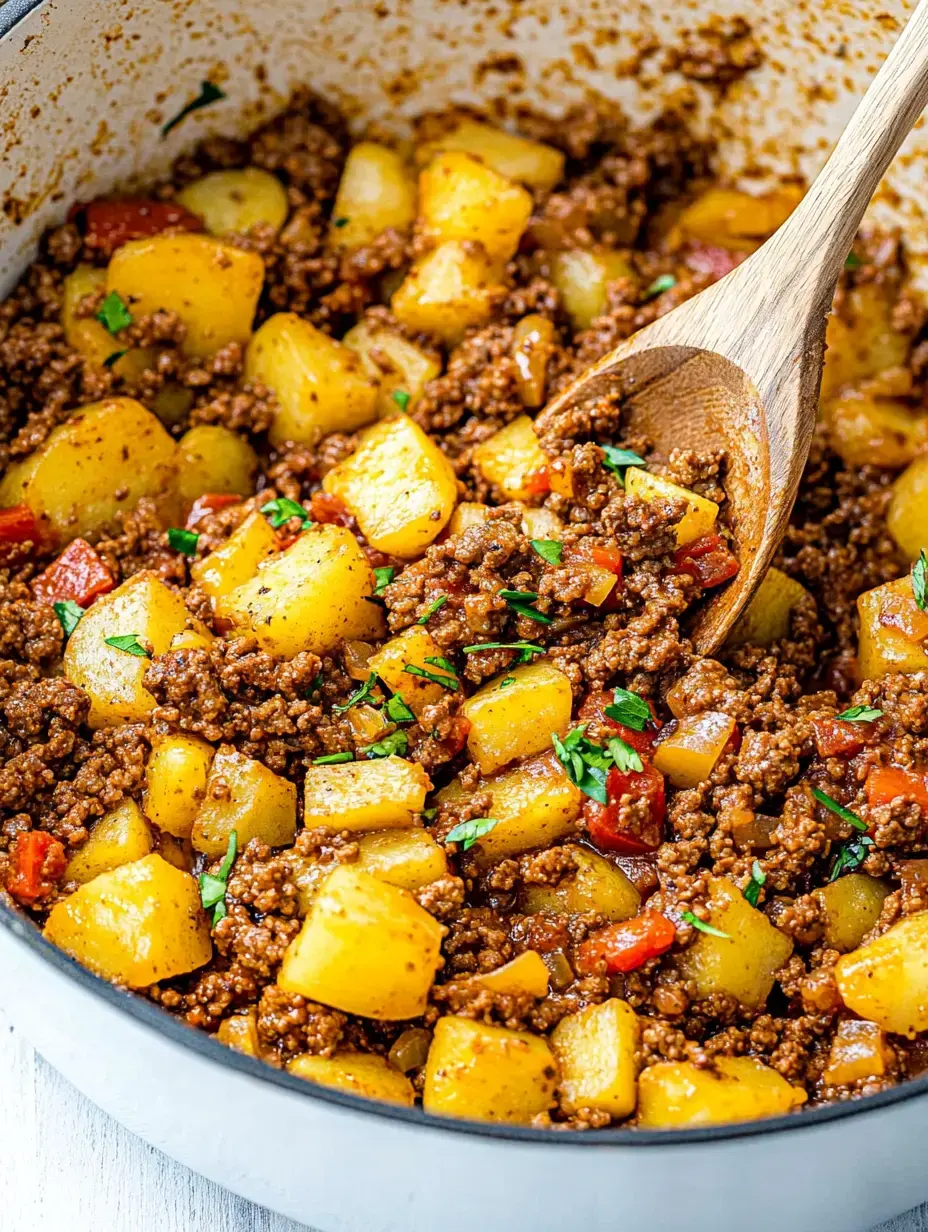 A skillet filled with seasoned ground meat mixed with diced yellow potatoes, red peppers, and garnished with chopped herbs.