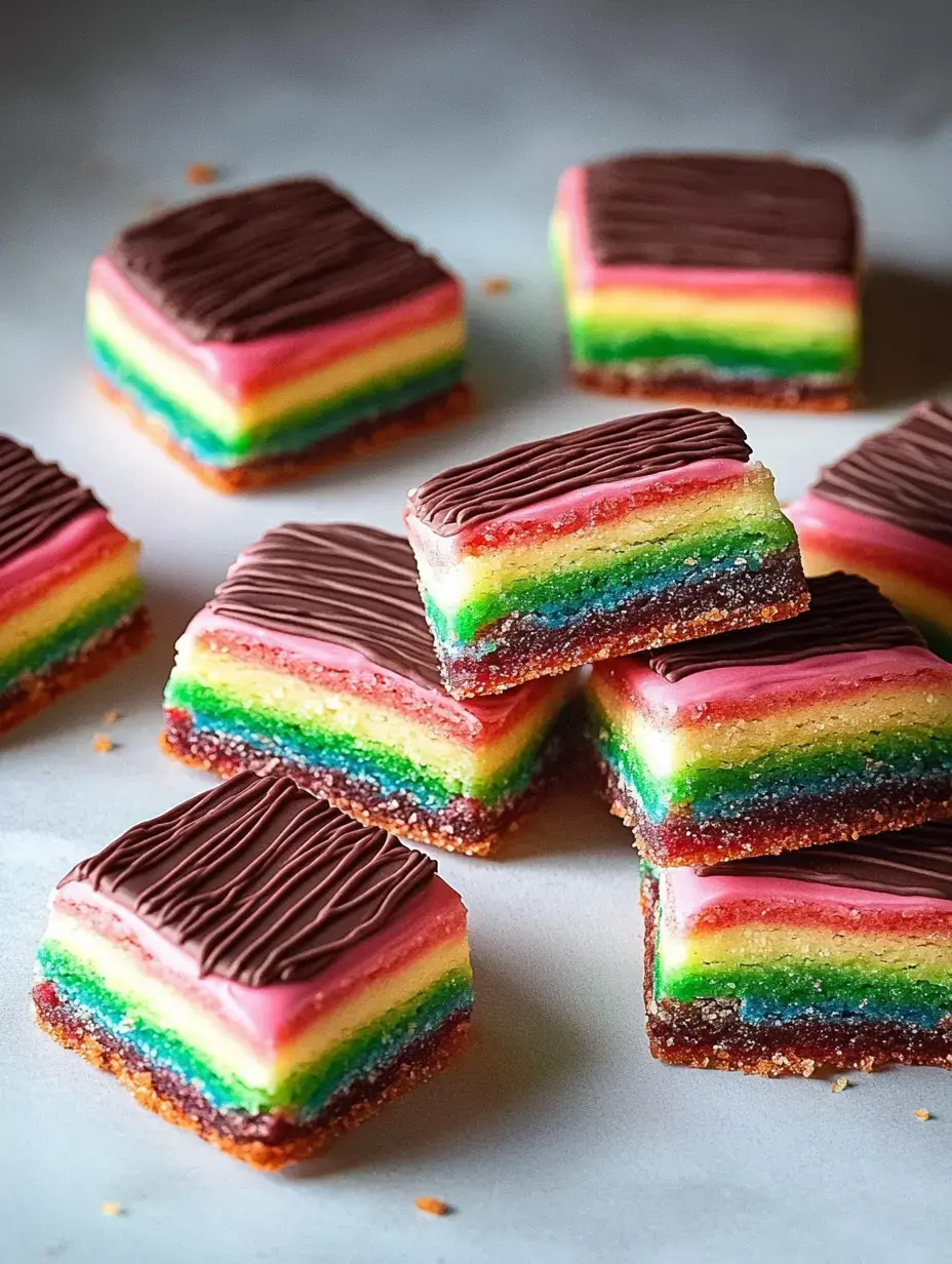 A close-up image of colorful layered dessert squares featuring vibrant pink, yellow, green, and blue layers topped with a thin layer of chocolate.