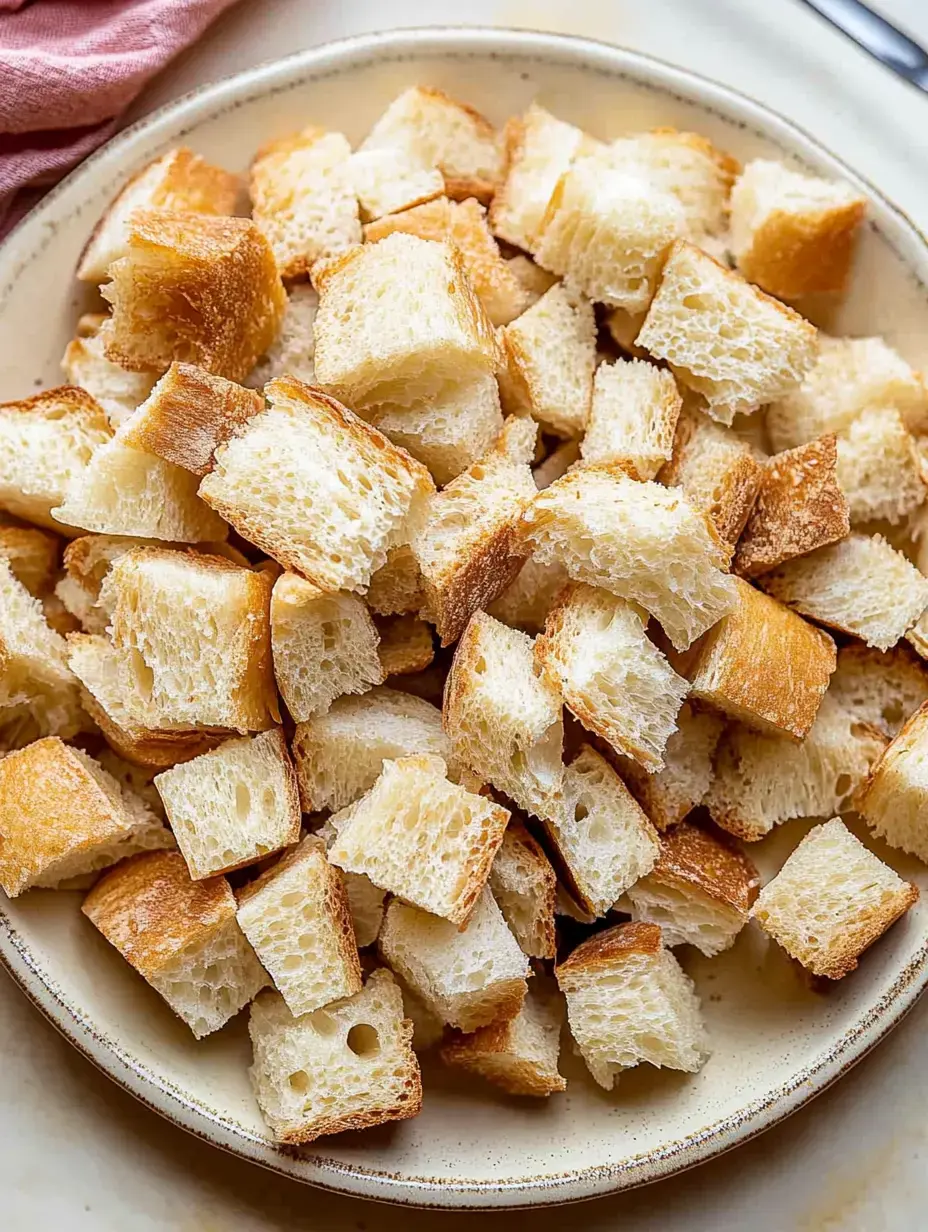 A plate filled with evenly diced golden-brown bread cubes.